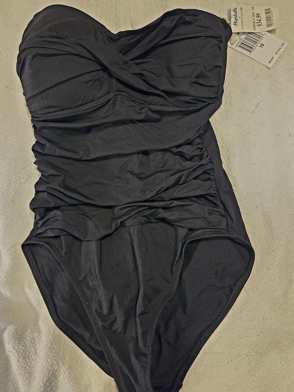 Strap/Strapless Black Ruched One-Piece Swimsuit